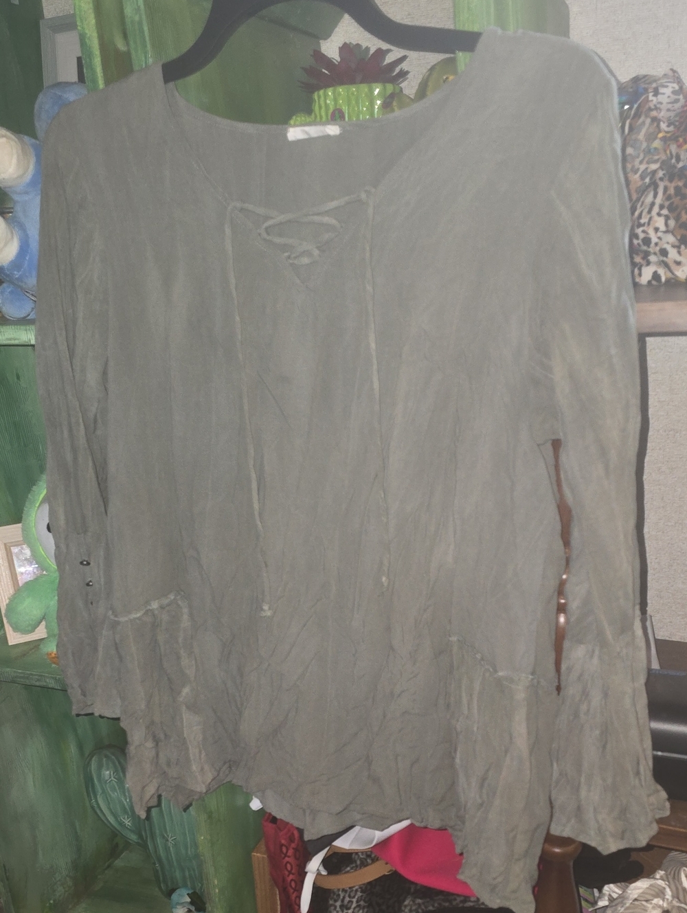 Loanna Olive Lace-Up Tiered Peasant Tunic